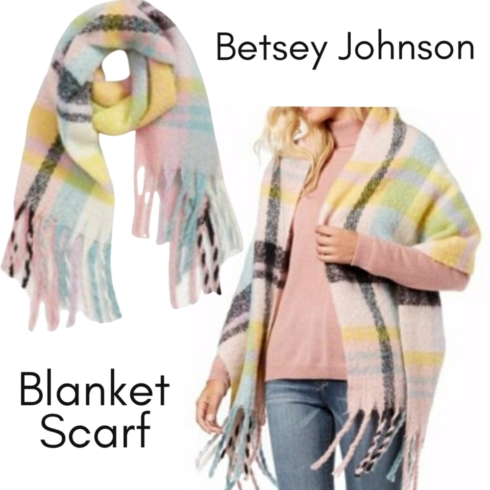 Betsey Johnson Color Me Plaid Pastel Multi Pink Blanket Fringe Scarf/Shawl Wrap